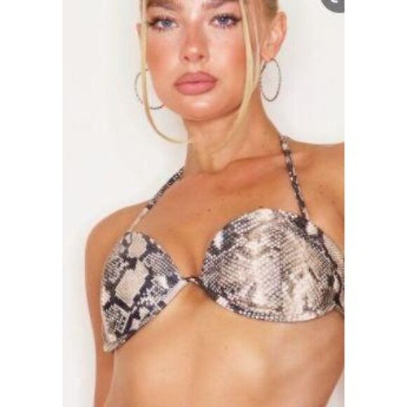 Prettylittlething Womens Bra Snake Print 8 Underwire Bralette Nude Halter New - Picture 6 of 6